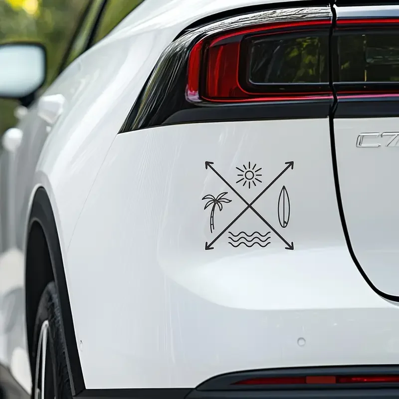 2D Flat Stickers Featuring Tropical Surfing with Cross Arrows for Cars - Designs of Surfboards, Ocean Waves, And Palm Trees - Su view 3
