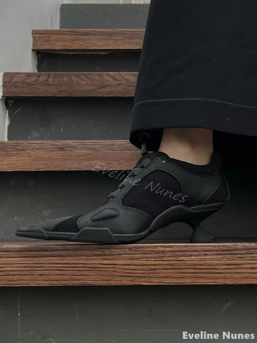 Mesh panel high-heeled sneakers women pointed toe lace up 5cm strange style black sports shoes 2024 new fashion leather sneakers