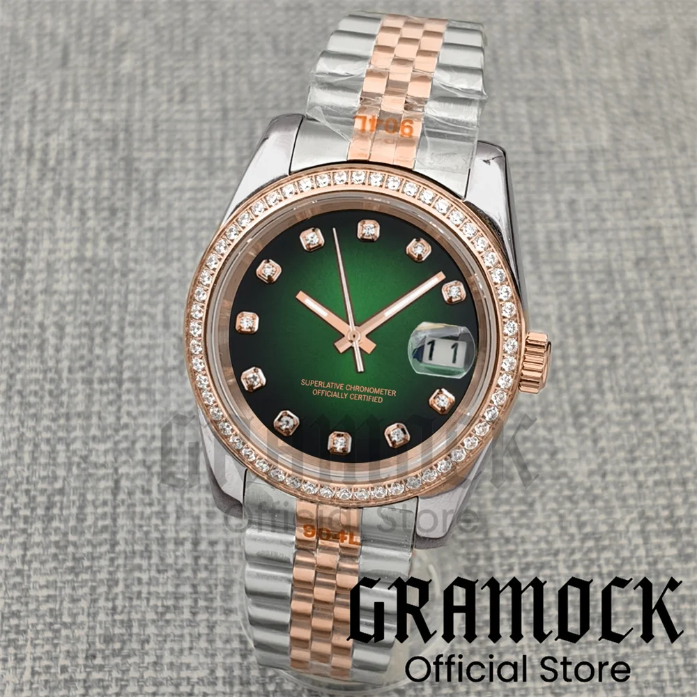 

Gramock 36mm 39mm NH35A Watch For Men Mechanical Silver Rose Gold Diamond Bezel Watches Sapphire Glass Diamond Dial 10Bar Diving