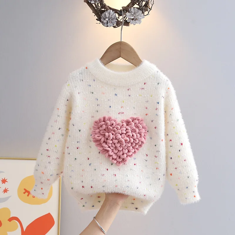 Children Autumn Winter Knitwear Love Heart O-Neck Pullovers Loose Colorful Spot Sweater Top New Girl Long Sleeve Clothes GY10291