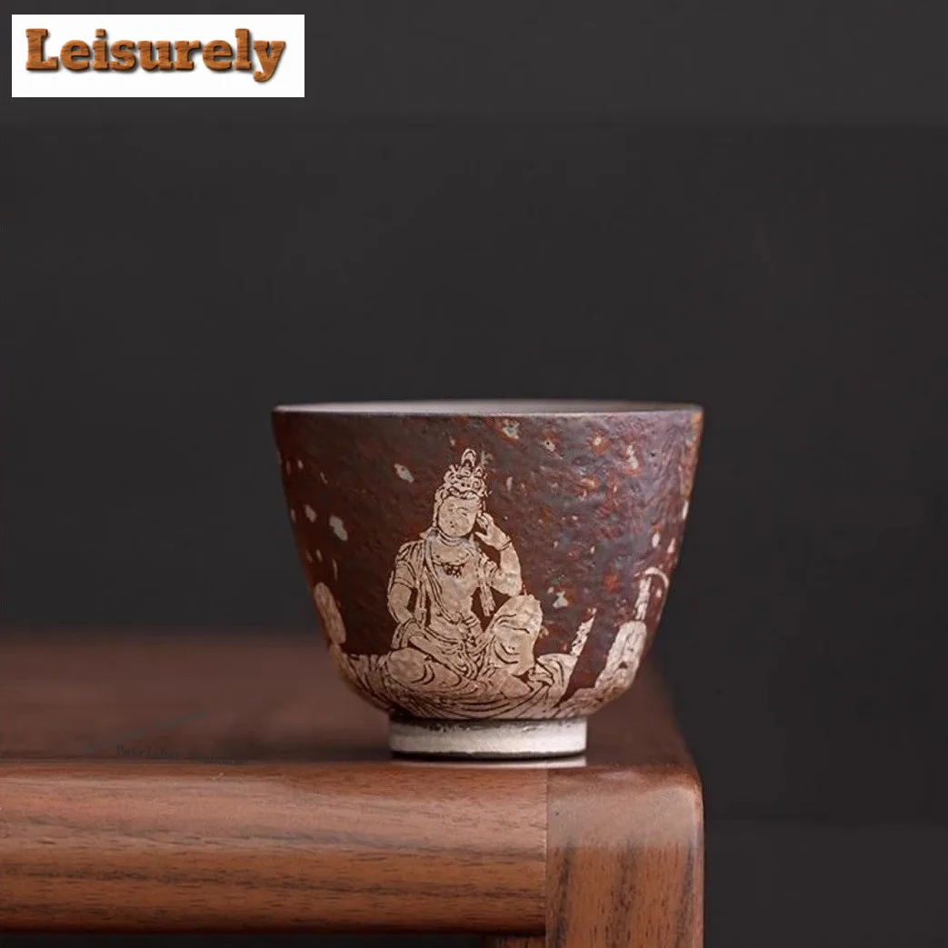 110ml Old Rock Mud Gilt Silver Dunhuang Teacup Ancient Tea Bowl Cute Cup Tea-tasting Meditation Cup Jianzhan Master Cups Cafes