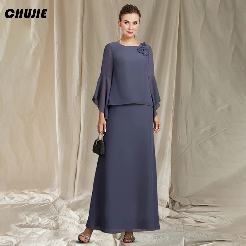 

Stormy Blue Chiffon Mother Of Groom Dress Women Long Puffy Sleeves Wedding Guest Dress Customized Formal Dresses Evening Gowns