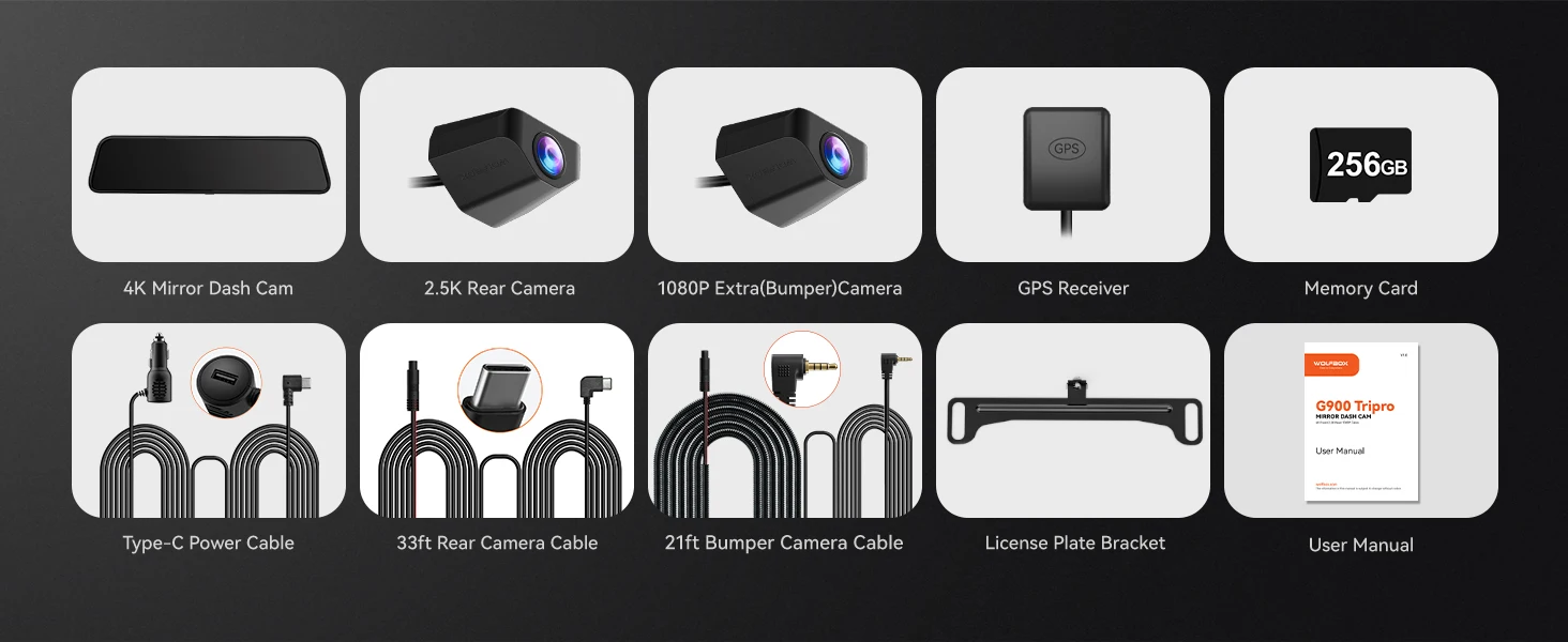 WOLFBOX G900 Tripro Bumper Version 3-Kanal-4K-Rückspiegel-Armaturenbrettkamera, STARVIS 2 IMX678, Sprachsteuerung, inklusive 256G-Karte – Detail 9