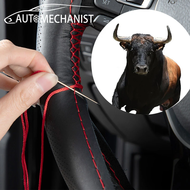 Universal Genuine Leather Steering Wheel Cover 37CM-38CM Anti-Slip Braiding Cover for Steering Wheel Cowhide Steering Protector