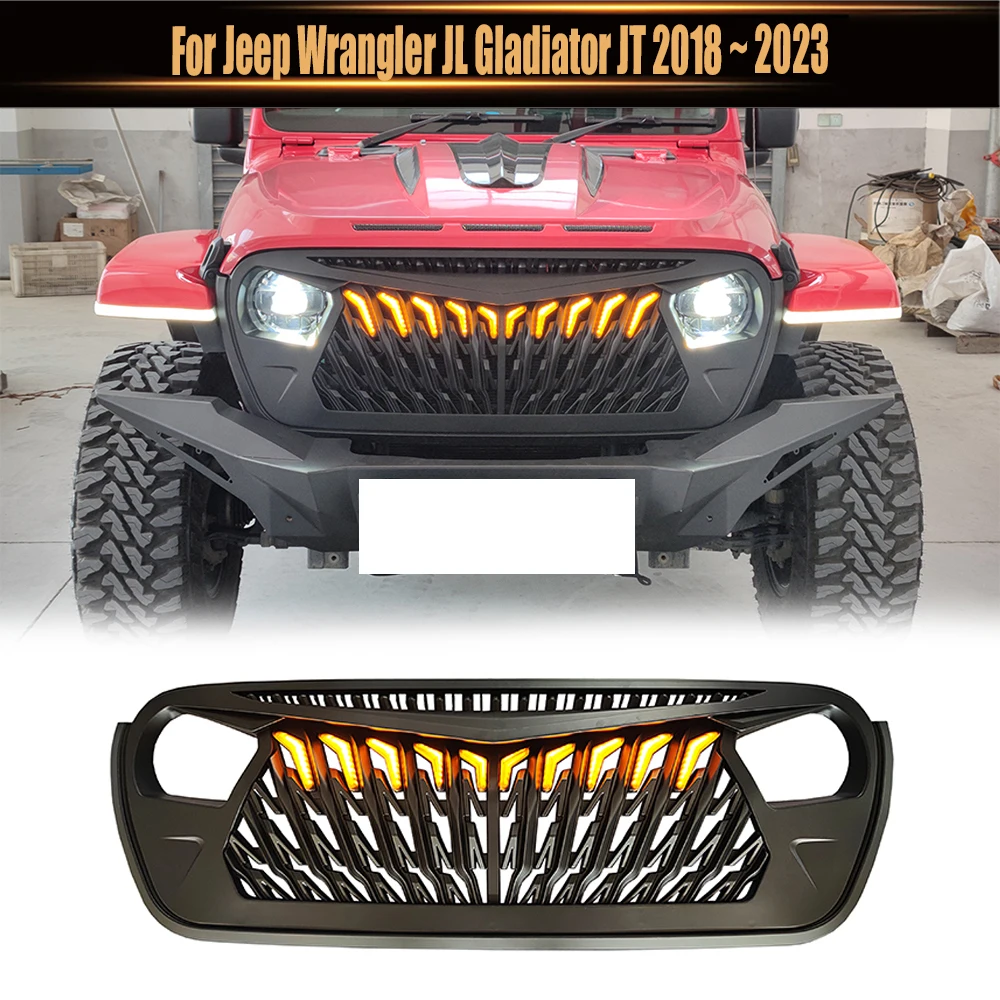 

For Jeep Wrangler JL Gladiator JT 2018 2019 2020 2021 2022 2023 Car Front Grille Off Road Racing Hawlk Wings Grills With Light