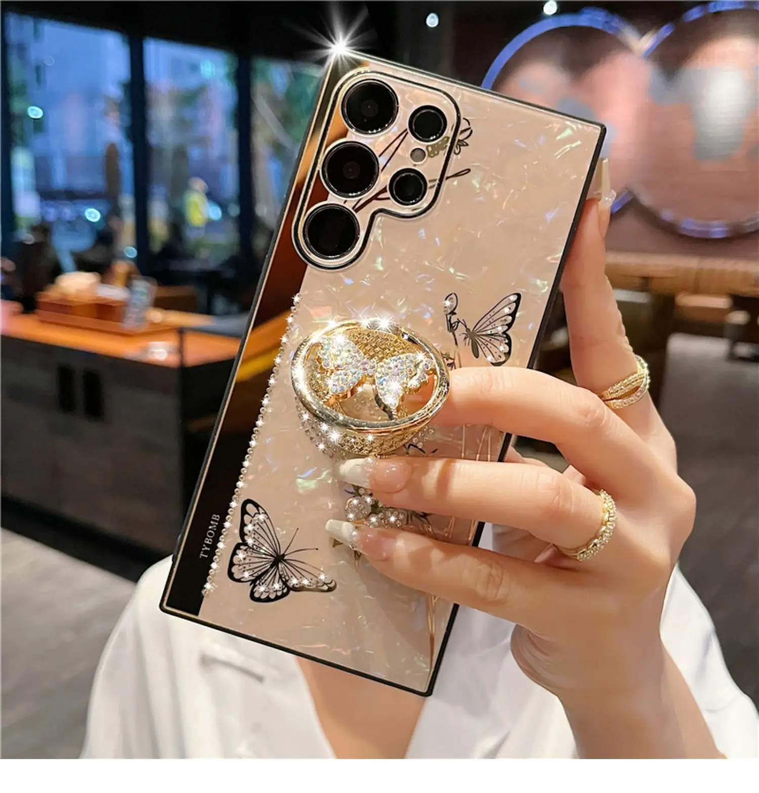 Luxury Glitter Butterfly Holder Bling Phone Case For Samsung Galaxy S24 Ultra S23 S22 S21 S20 Plus Samsung S23 S22 S24 FE Cover