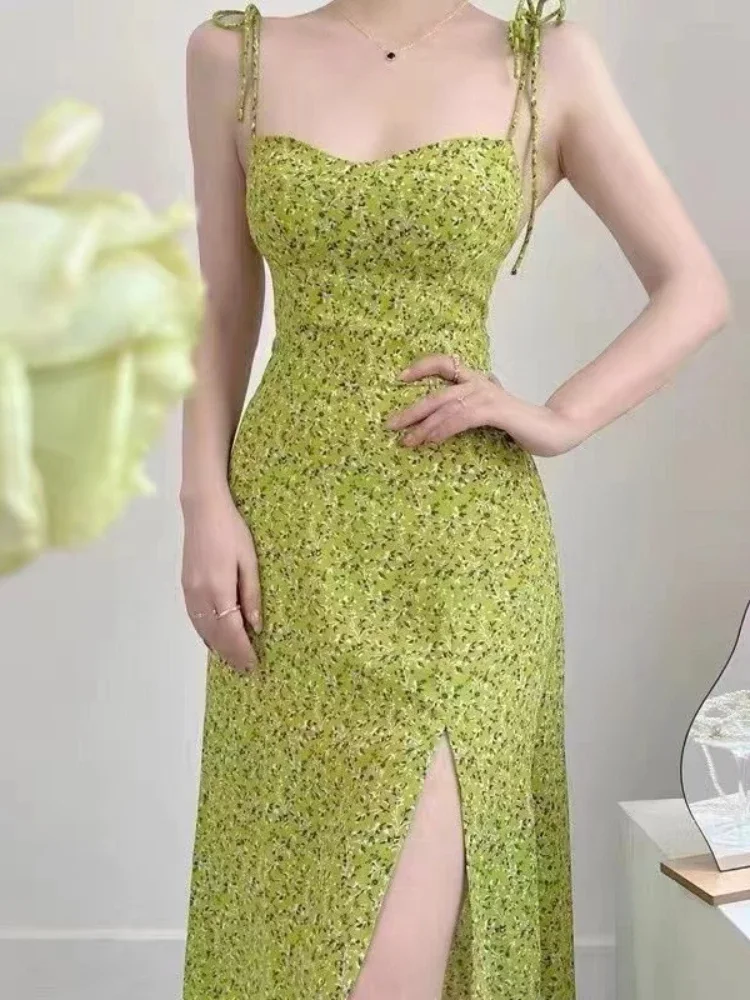 Robe longue d'été cintrée à la taille française pour femmes, tenue de plage à fleurs vertes, col carré, robes de banlieue élégantes, nouvelle collection