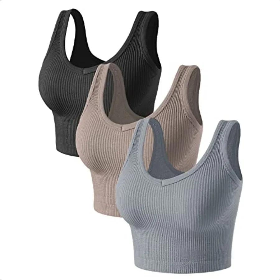 

Womens Crop Tops Basic Sleevel Both VNeck and Round Neck 3 Pieces Black White Ribbed Seaml Casual Cami Tank Tops