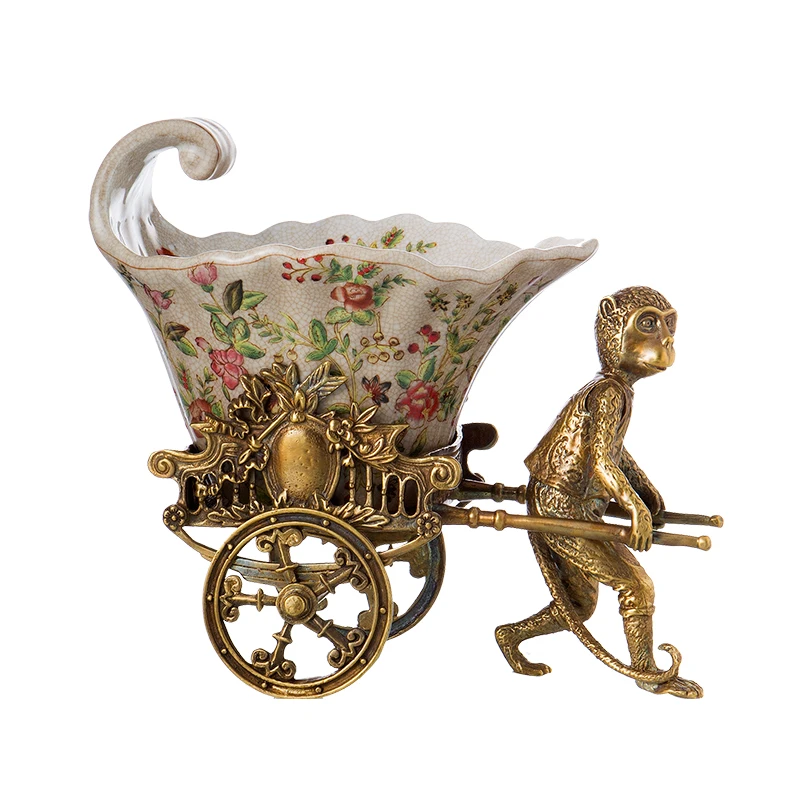 All copper monkey pull cart ceramic fruit plate handicrafts living room wine cabinet creative home decoration ornament