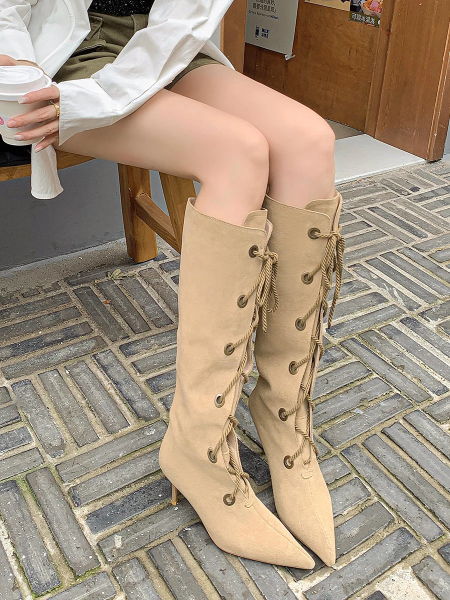 

Pointed Toe High Heels Modern Boots Women Western Cowboy Boots Women's Stiletto Straps Khaki Tall Knight Boots Vintage Long Boot