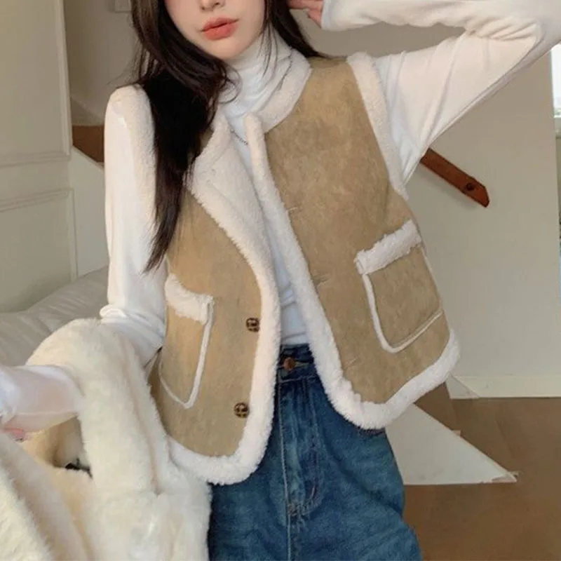 

Solid Color Winter Clothes Women Coats Vests Simple O-Neck Ingle-breasted Pocket Panelled Casual Comfortable Sleeveless Jackets