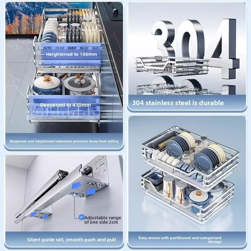 Modern Stainless Steel Double Drawer Kitchen Basket for Cabinet Storage Silent Shock Absorption Design Space Saving Organizer