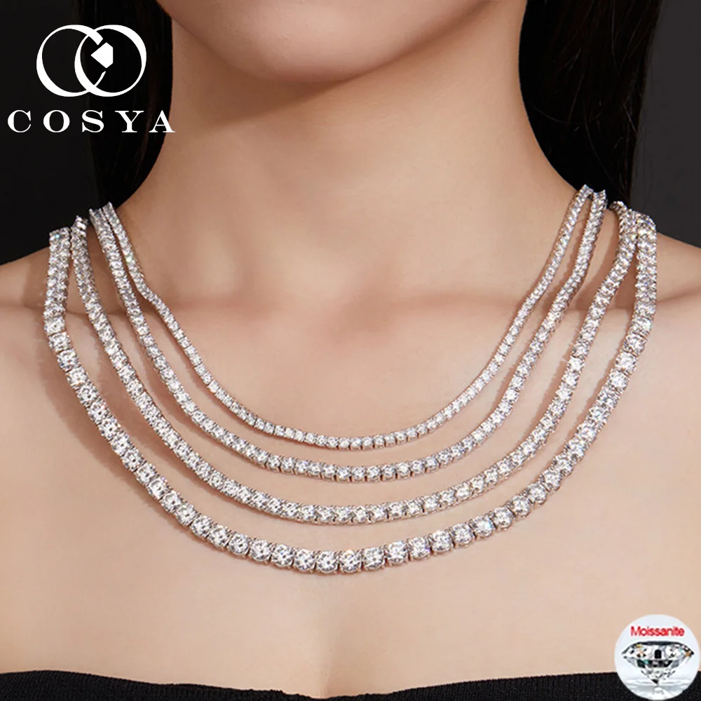 

COSYA 3/4/5mm Full Moissanite Tennis Necklace S925 Silver for Women D VVS1 Lab Diamond Neckchain Wedding Jewelry Gift