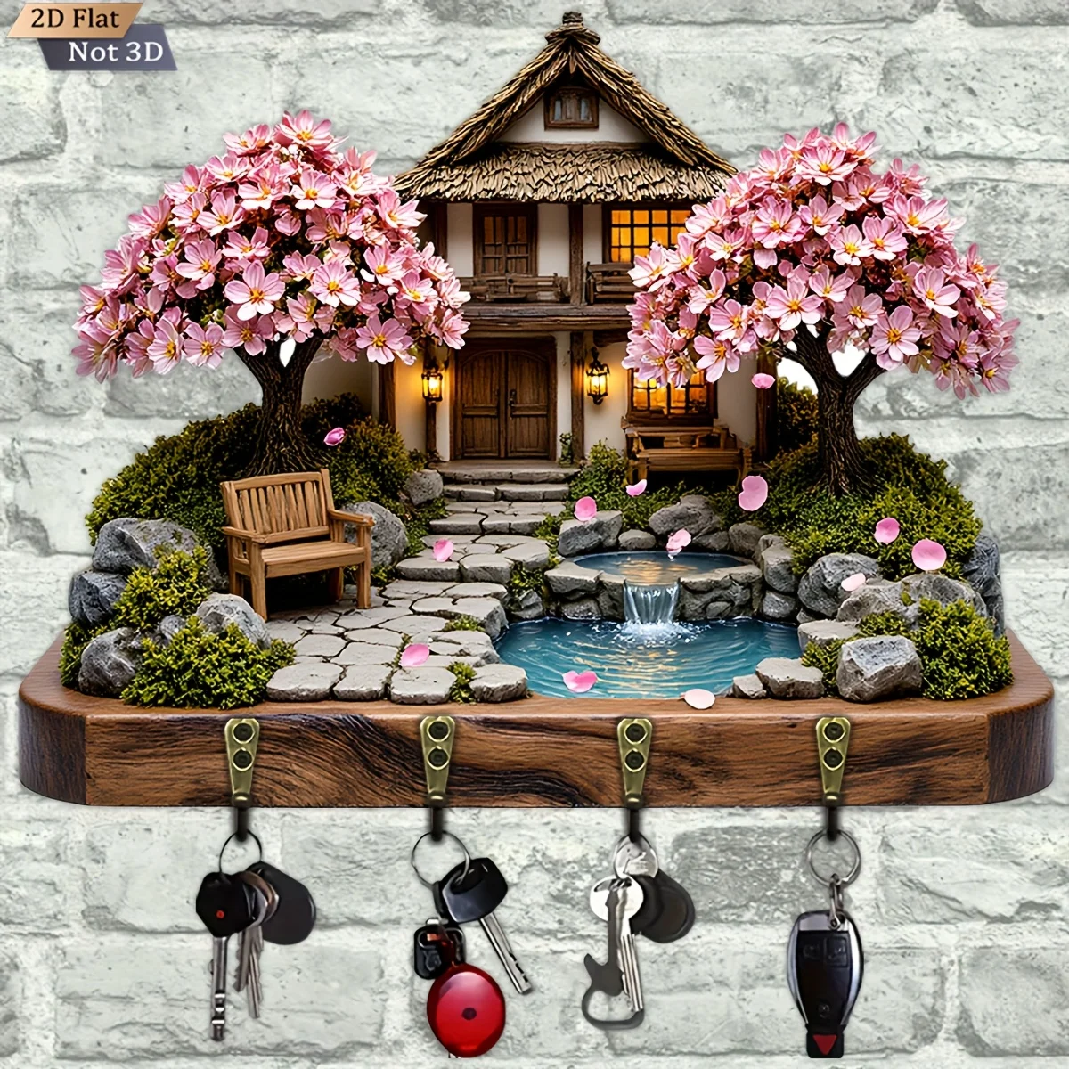 , 2D Flat, 1pc, Japanese-style cherry blossom garden key hook, wooden multi-functional home key holder, comes with four metal