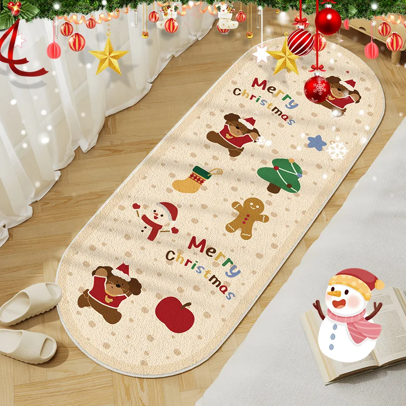 Cute Cartoon Christmas Bedside Mat Soft Wear-Resistant Faux Cashmere Carpet Interior Decoration for Bedroom and Living Room