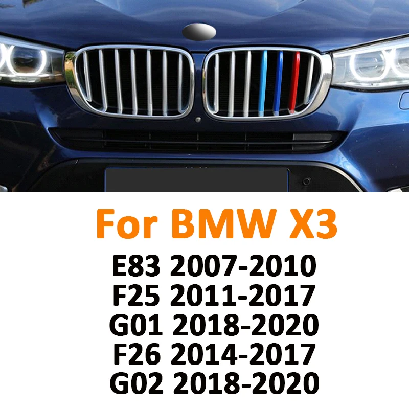 

3 шт., трехцветные автомобильные гоночные грили из АБС-пластика, полоски, зажимы для переднего бампера для BMW X3 E83 F25 G01 F26 G02 2007-2020, внешние аксессуары