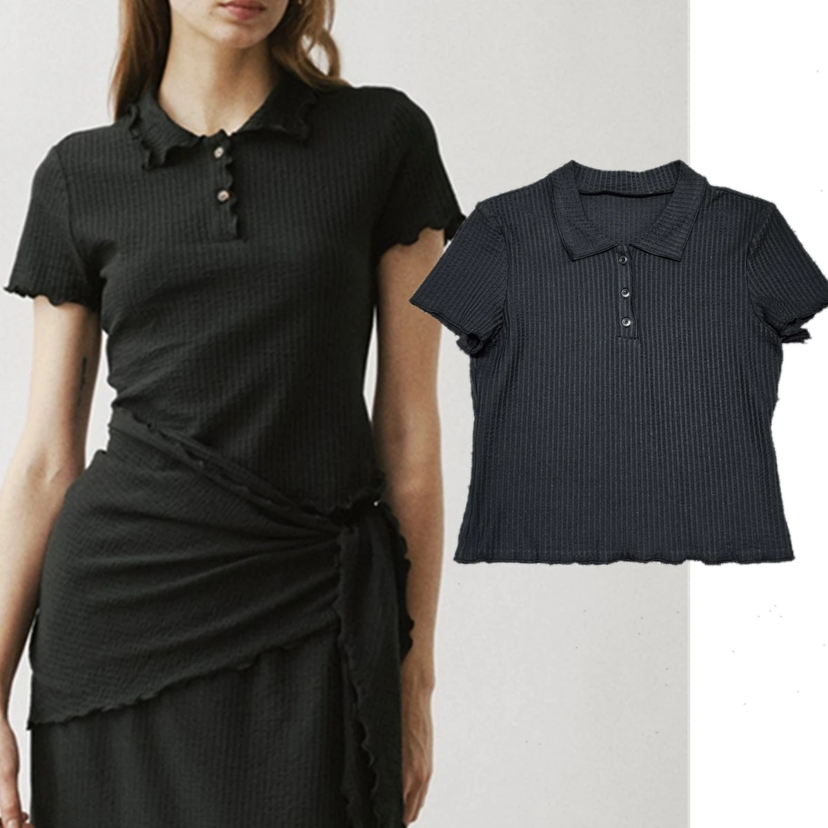 

Dave&di Minimalist Solid Color Waffle Textured Cotton Top Fashion O-neck Slim Fit Summer T-shirt Woman Clothes Female Clothing