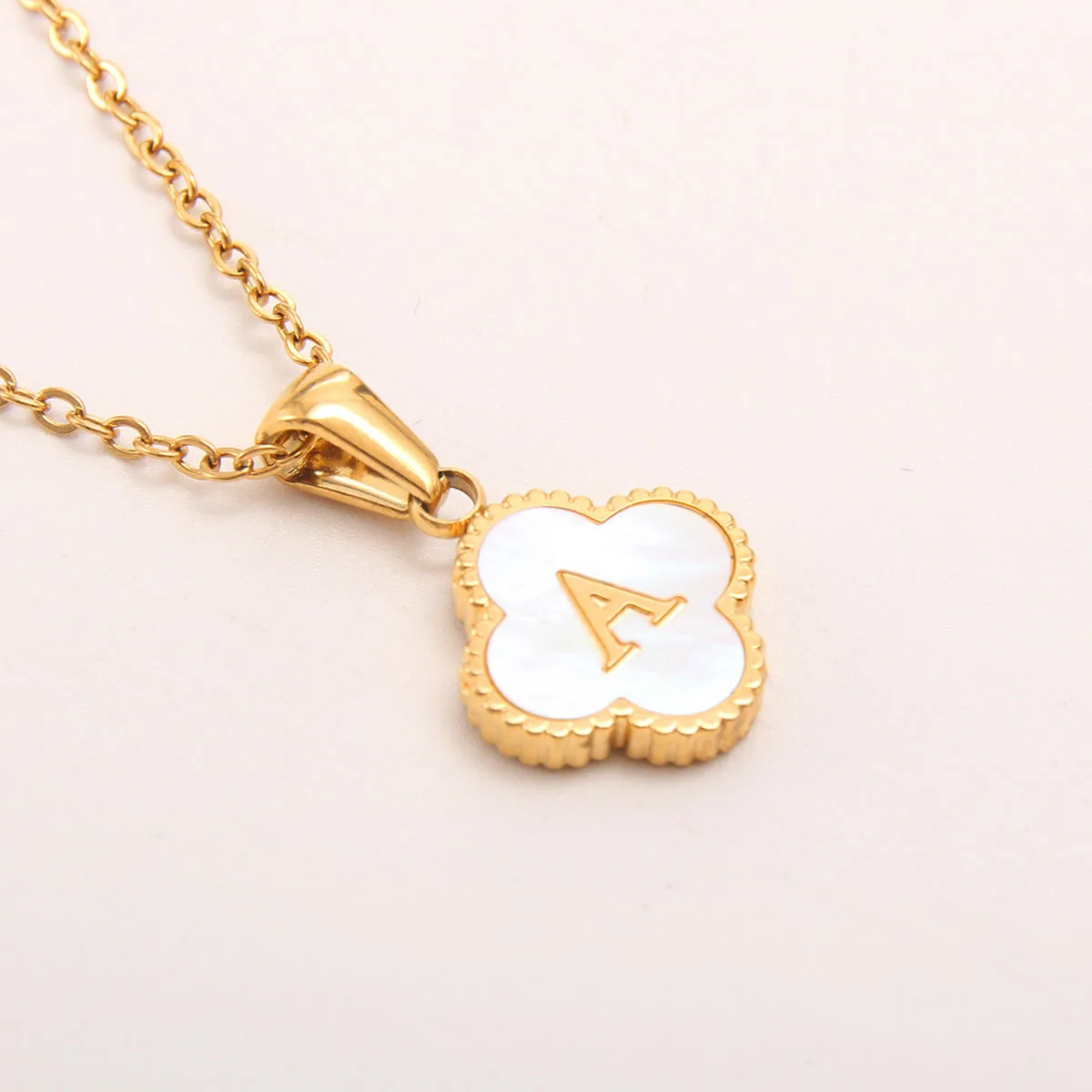 Clover Shell Initial Stainless Steel Necklace Snake Bone Chain Alphabet Neck Jewelry With Pendant For Women