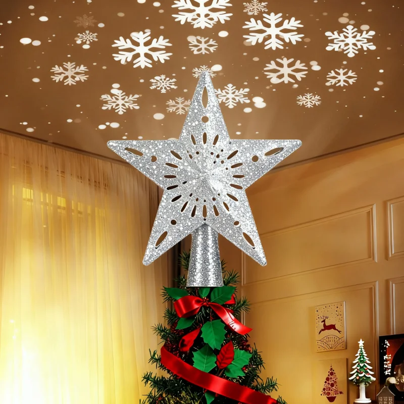 Pentagram Christmas Tree Decoration Snowflake Projection Modes, LED Rotating Lights a Gold-plated Clamp on the Top of the Tree