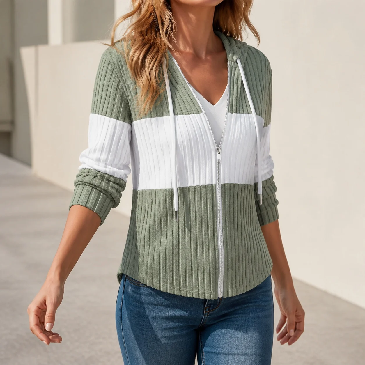Chic Women's Color Block Hooded Zip Up Cardigan Ribbed Knit Slim Fit Jackets Long Sleeve Drawstring Casual Streetwear Outerwear