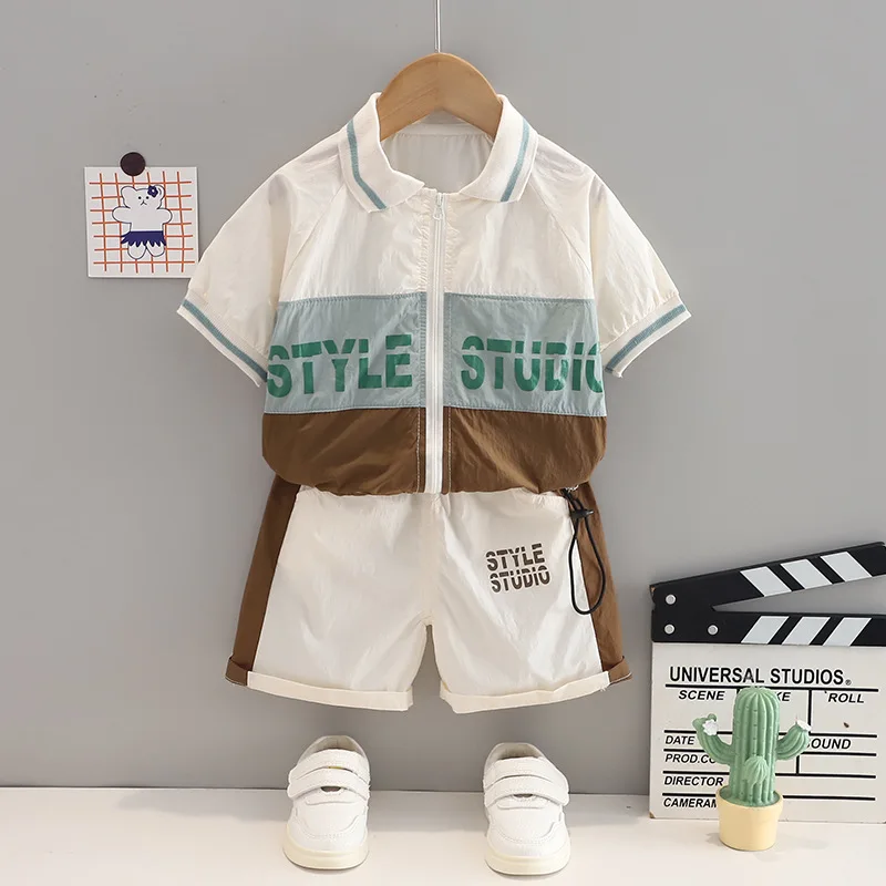 

2024 Baby Summer Clothes for Kids Boy Casual Patchwork Letter Zipper Short Sleeve T-shirts and Shorts Boys Boutique Outfit Set