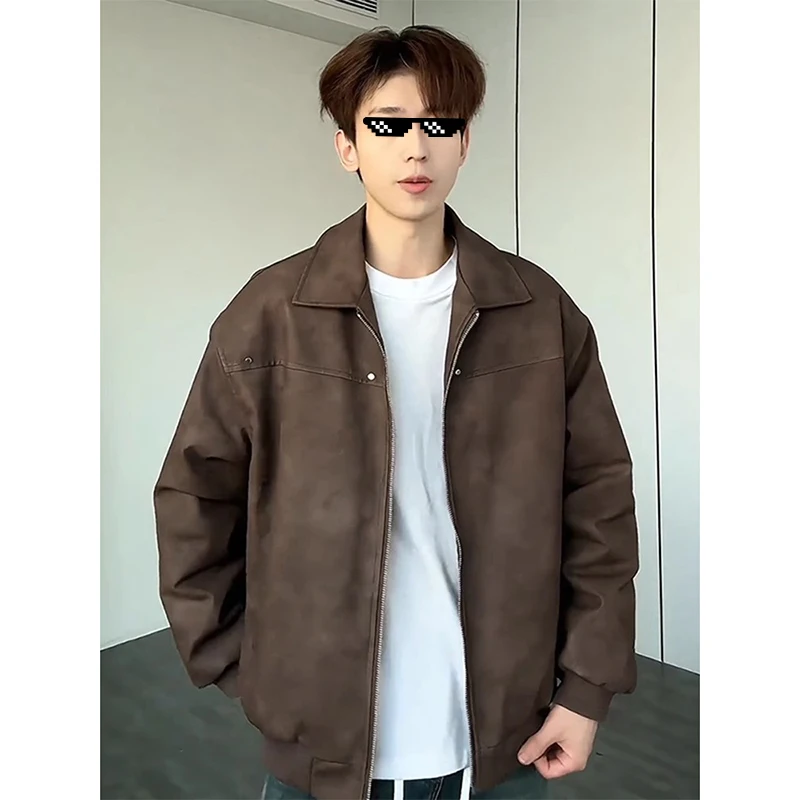 

Мужская кожаная куртка из замши коричневого цвета, весенне-осенняя, с воротником-бомбером, в мотоциклетном стиле, винтажная, в американском стиле, верхняя одежда