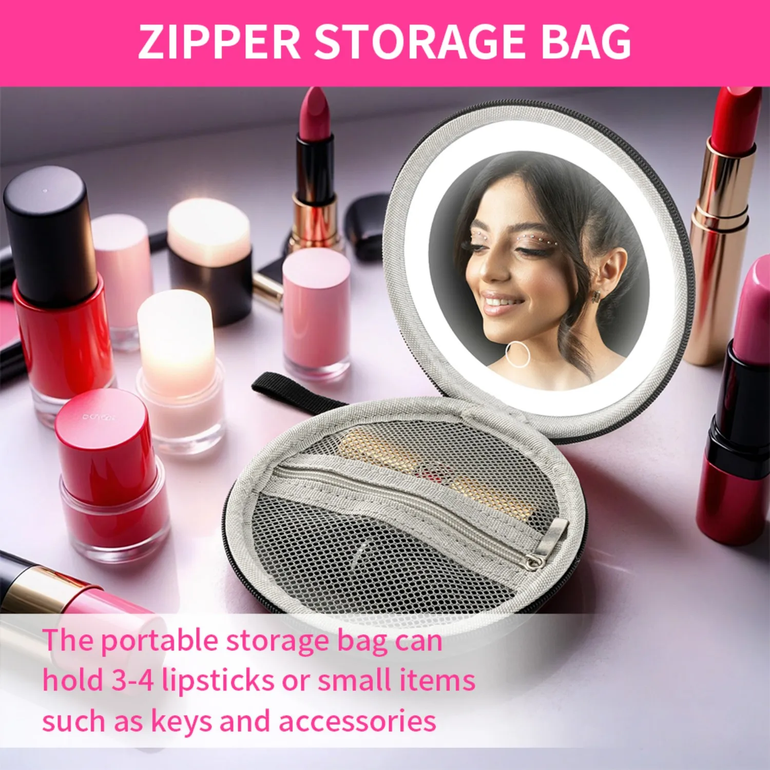 Portable Leather Makeup Mirror - Touch Dimming, Built-In Lipstick Storage, Rechargeable with Hanging Strap