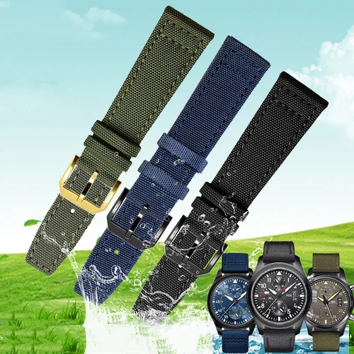 Imagen 2 del producto Correa de reloj de lona de nailon para IWC PILOT Portugal, tela de 20MM, 21MM y 22MM, correa de reloj de cuero, pulsera de piel de vaca negra verde militar para hombre