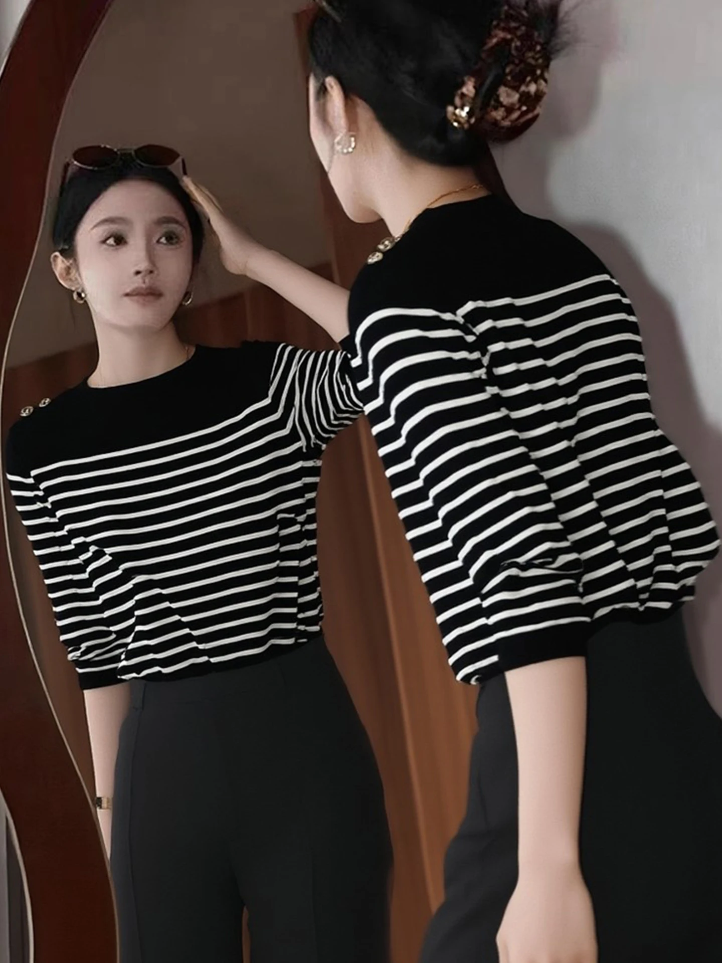 

Элегантный полосатый вязаный джемпер с цветовыми блоками, универсальный зимний базовый топ в корейском стиле, модный свитер с длинным рукавом.