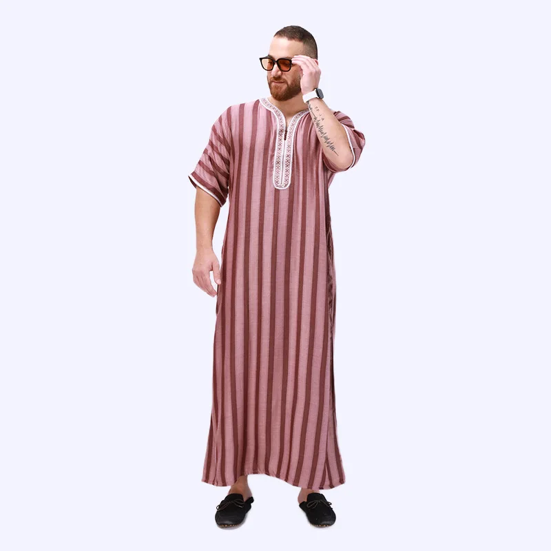 New Muslim Robes Men Jubba Thobe Stripes Short Sleeve Islamic Traditional National Loose Hombre Clothing Dubai Arab Kaftan Abaya