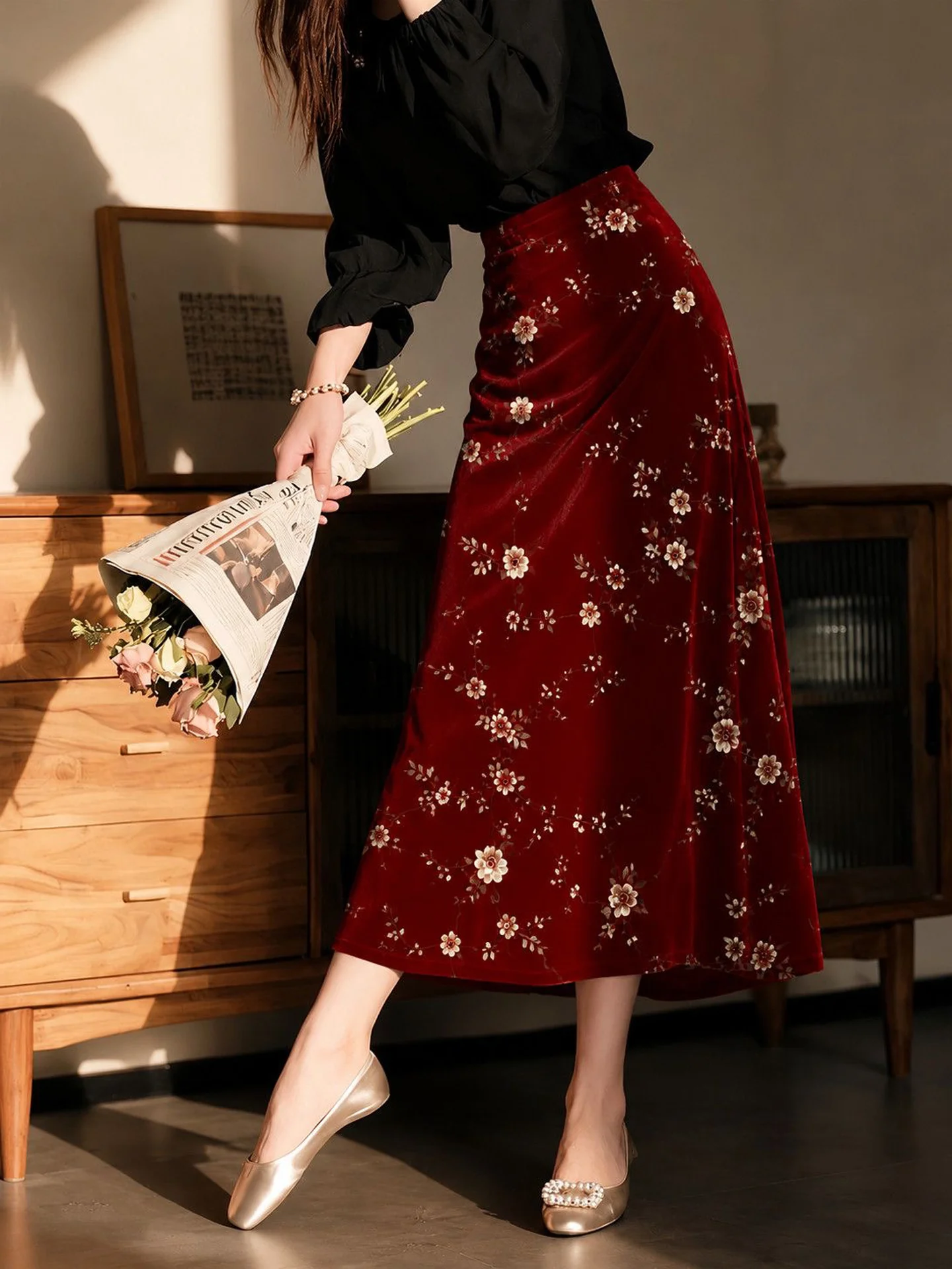 Retro American Wine Red Floral Gold Velvet A-Line  Skirt Women's Fashion Slimming High Waist Autumn New Style Commute