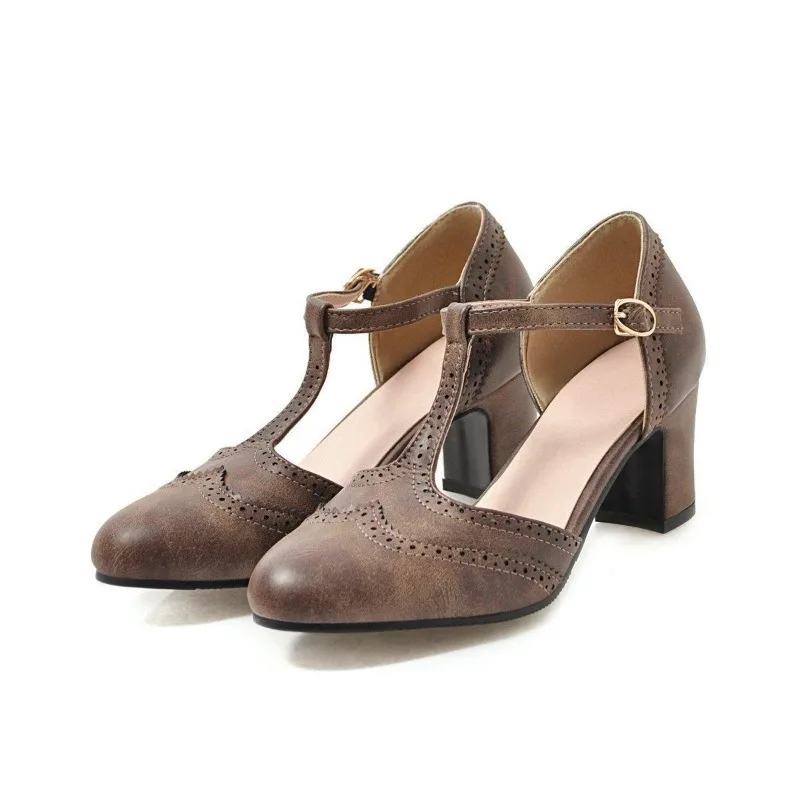 2026 Spring and Summer New High Heels Square Heel Large Size 40-46 Buckle Strap Hollow Sandals Women Retro Round Toe Single Shoe