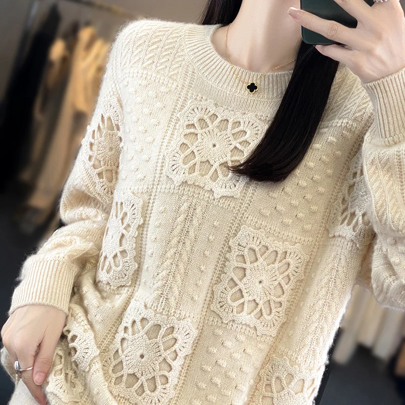 Women\'s Round Neck Knitted Sweater, 100% Pure, Hand-crocheted Bottoming Shirt, Loose, Heavy Cashmere Top, New