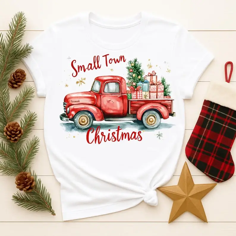 عيد الميلاد شاحنة حمراء المرأة قمصان قطنية مدينة صغيرة عطلة تصميم لطيف هدية عيد الميلاد تي شيرت مطبوع بلايز للجنسين قصيرة الأكمام