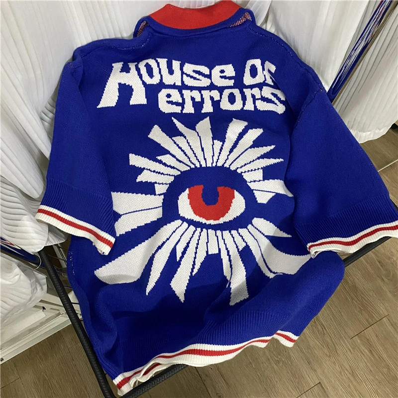 Maglione House of Errors di tendenza europea americana Polo a mezza manica lavorata a maglia jacquard multicolore di alta qualità
