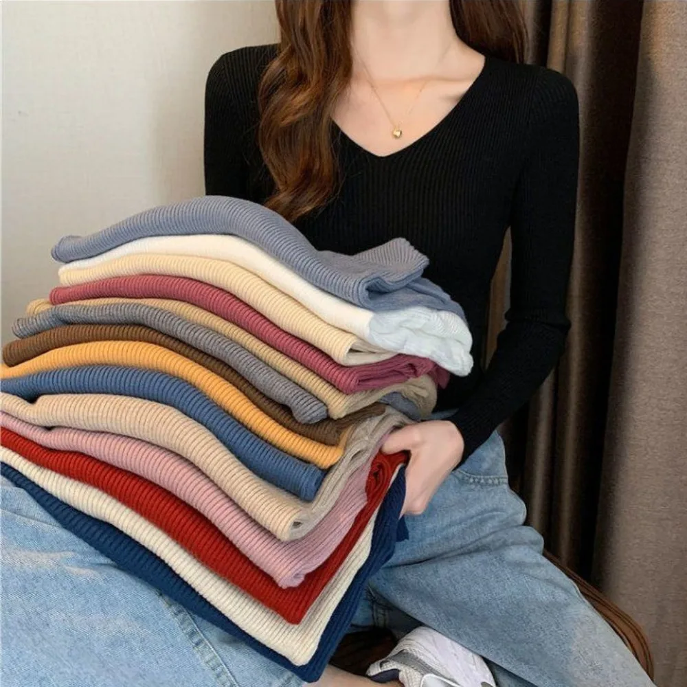Fashion Slim Fit V-Neck Sweater Solid Color Knitwear Long Sleeve Sweater Knitted Pullover Sweater Autumn Winter