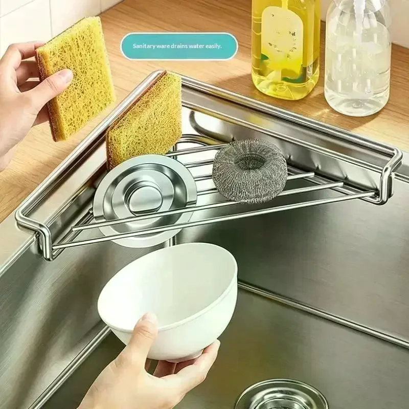 Triangular Sink Drain Rack Stainless Steel Sink Caddy Organizer Drainable Large Capacity Multifunctional Kitchen Sink Organizer