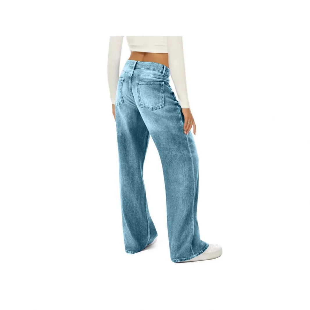 Women's Baggy High Waist Wide Leg Full Length Loose Fit Stone Washed Cotton Jeans for Women Casual Water Washed Denim Pants
