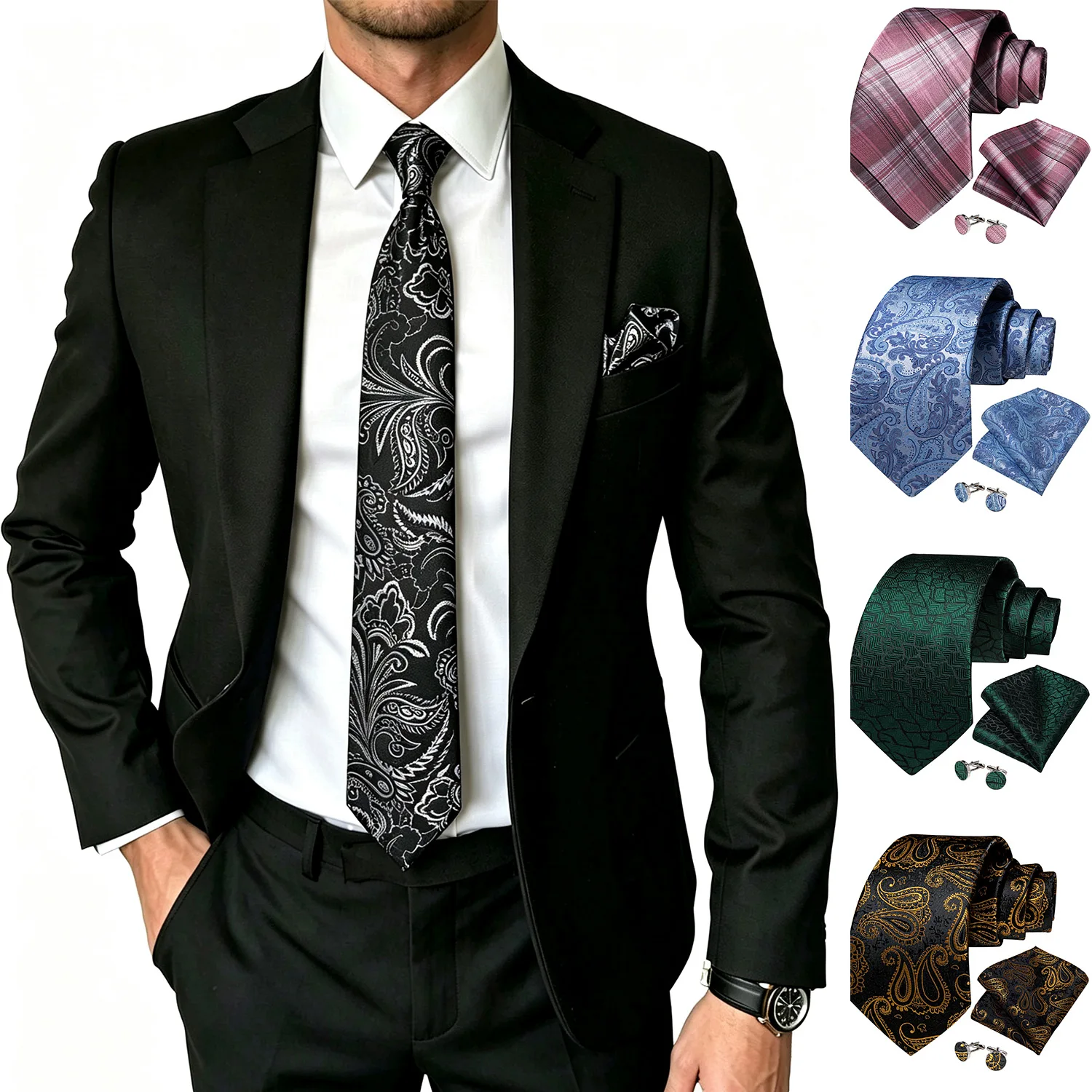Plaid Paisley Geometric Mens Tie Set 3PCS, With Pocket Square Cufflinks For Formal Business Wedding