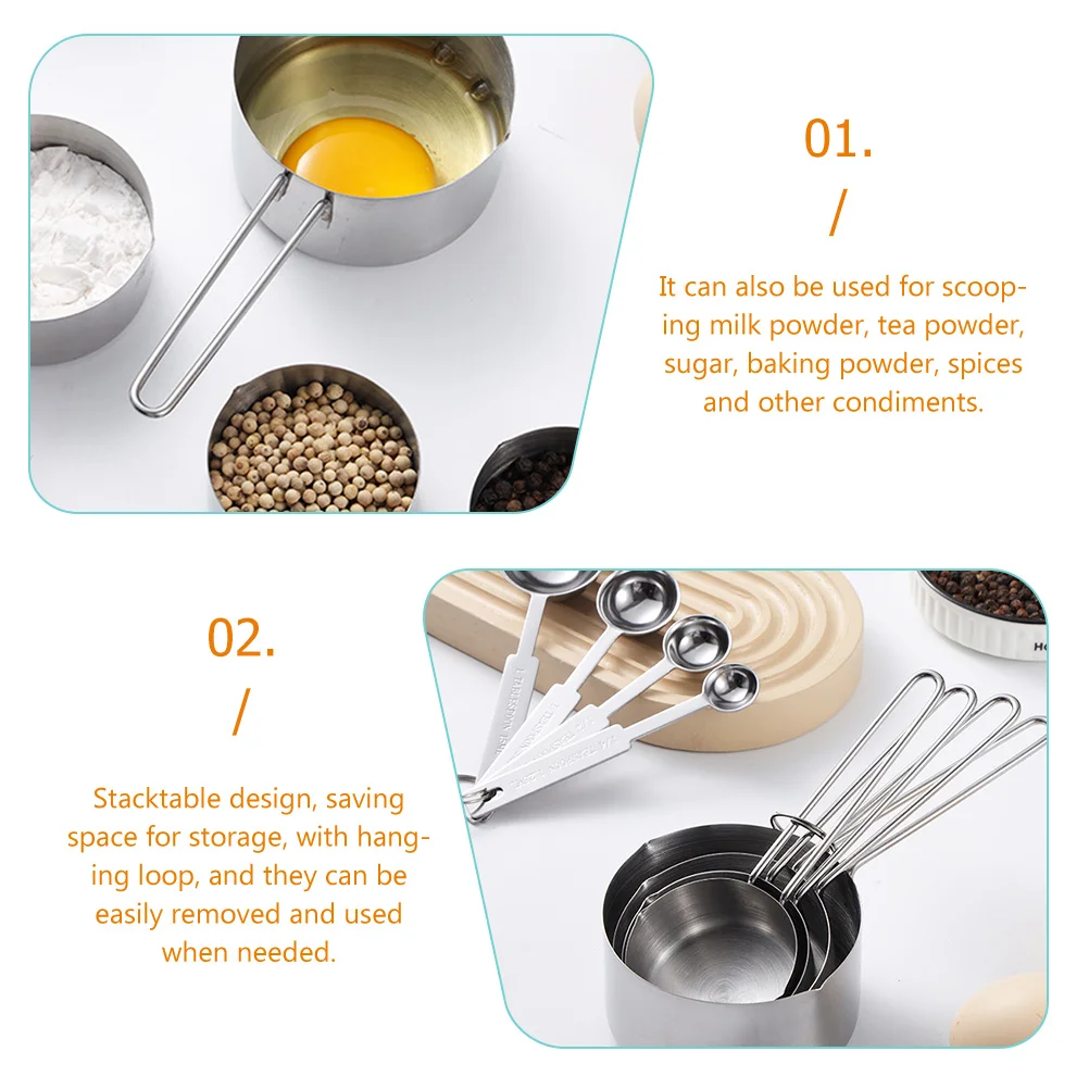 

8Pcs Measuring CupsSpoons Stainless Steel Set RustProof Safe Food Engraved Marking Accurate Recipes Stackable