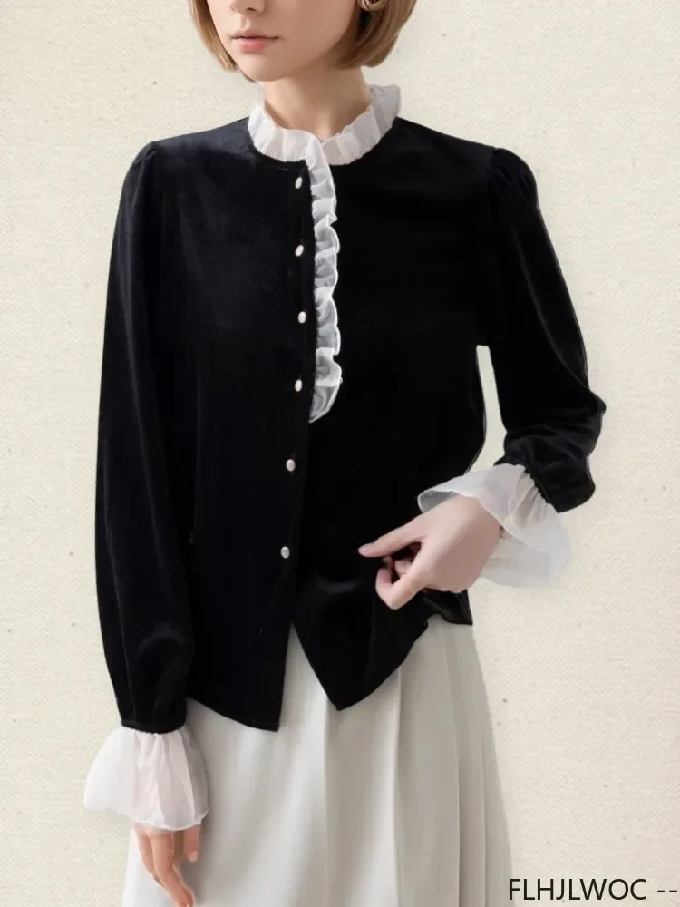 Black Velvet Women\'s  Autumn Winter 2024 New European White Collar Vintage Retro Long Sleeve Basic Shirts Stand Ruffles Tops