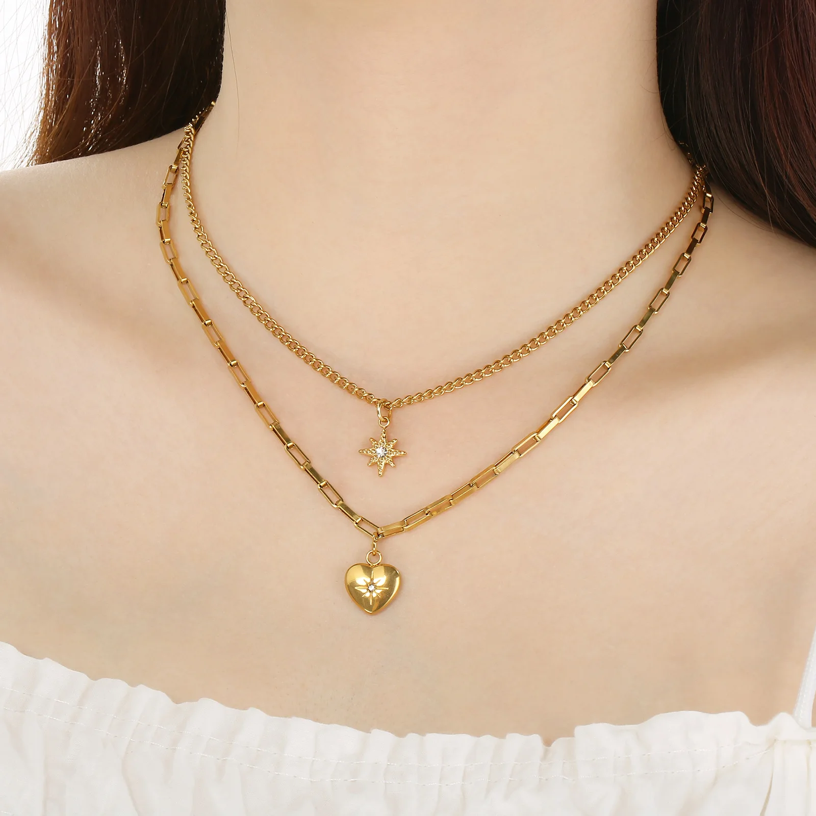 Kalen Romantic Heart Lock Pendant Stainless Steel Necklace for Women Temperament Metal Texture 18 K Plated Choker Charm Jewelry