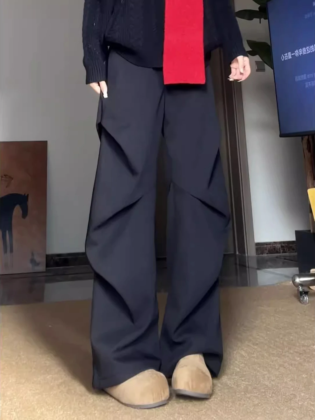 

Bla Casual Thiened Fce Wide Leg Men's Winter Pants Air Layer Pleated Straight Cut Trousers Faion Urban Cool Sle