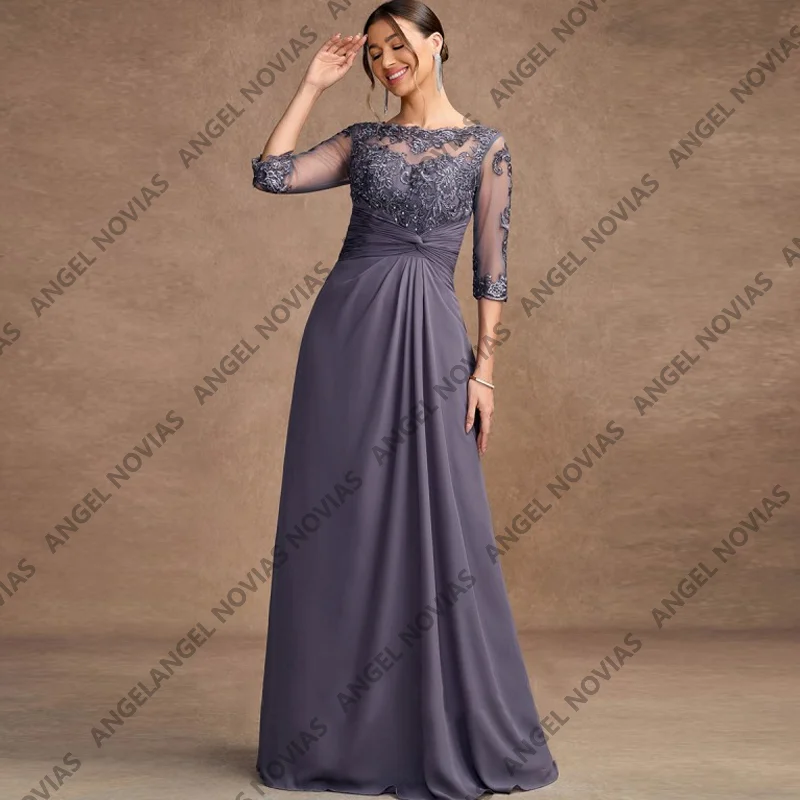 

Customized A Line Long Chiffon Mother of the Bride Dresses for Weddings with Sleeves Appliques Vestido Boda Mama Dela Novia