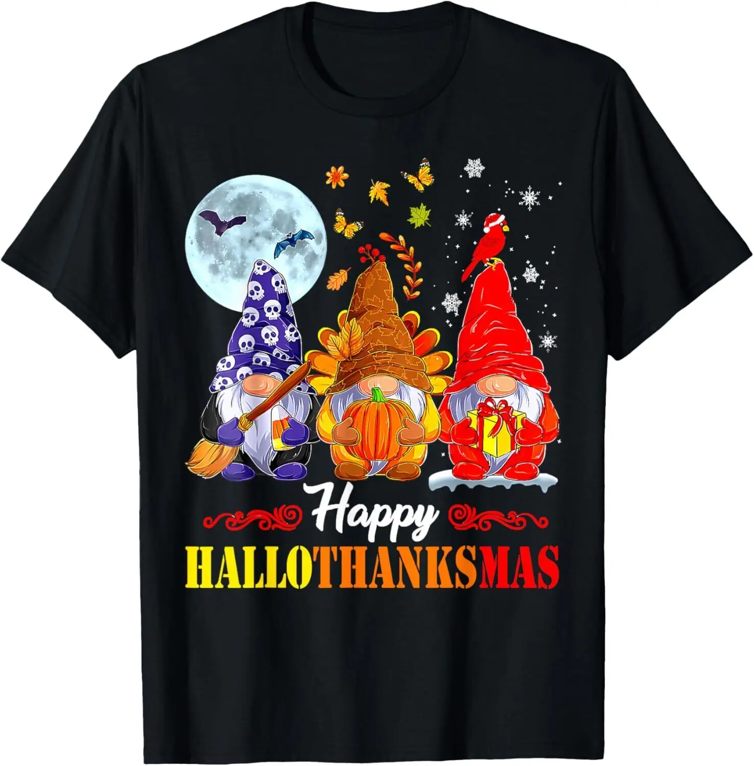 

Halloween Thanksgiving Christmas Happy HalloThanksMas Gnomes T-Shirt S-5XL