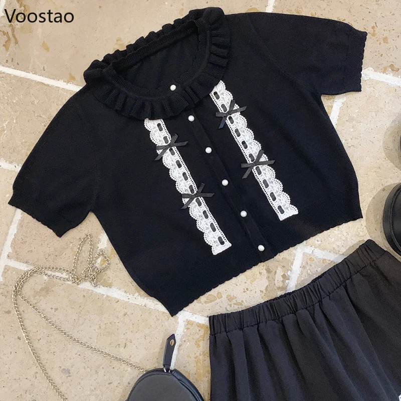 Kawaii Lolita Knitted Cardigan Summer Women Sweet Lace Bow Ruffles O-Neck Short Sleeve Sweater Harajuku Cute Girls Clothes Tops