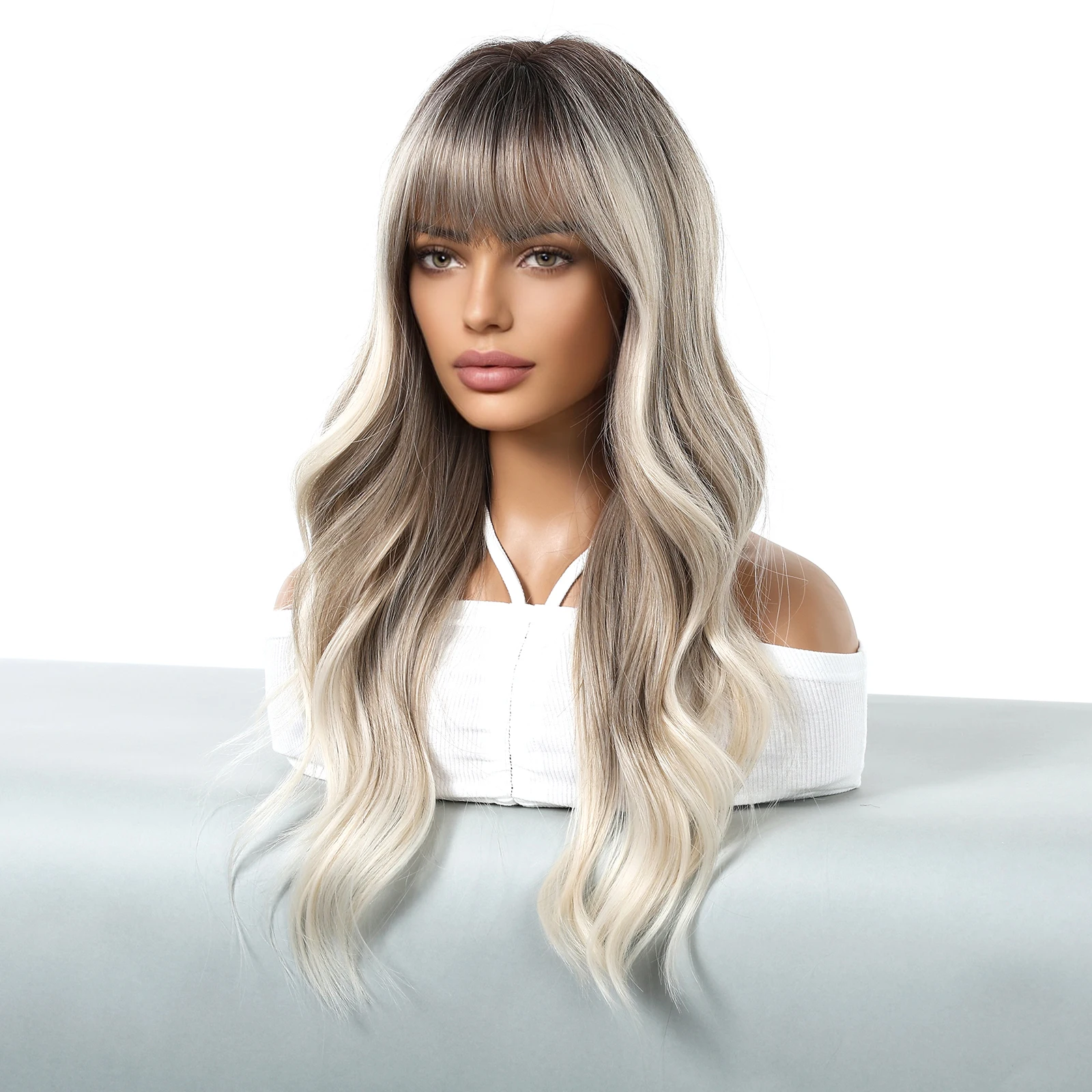 BLONDE UNICORN Long Synthetic Wigs White Blonde Wig with Bangs Wave Hair Daily Use Wigs for Women High Resistant Fiber Hair