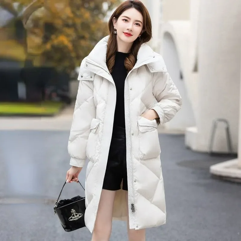 2024 Nieuwe Dames Donsjack Winterjas Dames Mid Length Versie Parkas Losse Warme Bovenkleding Capuchon Veelzijdige Mode Overjas