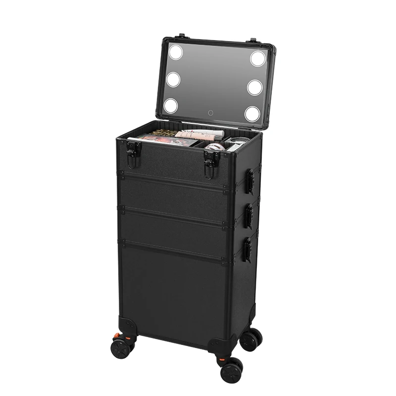 4 in 1 Makeup Rolling Train Case with Mirror of LED Lighted 3 Color Setting, Professional Cosmetology Trolley with Keys