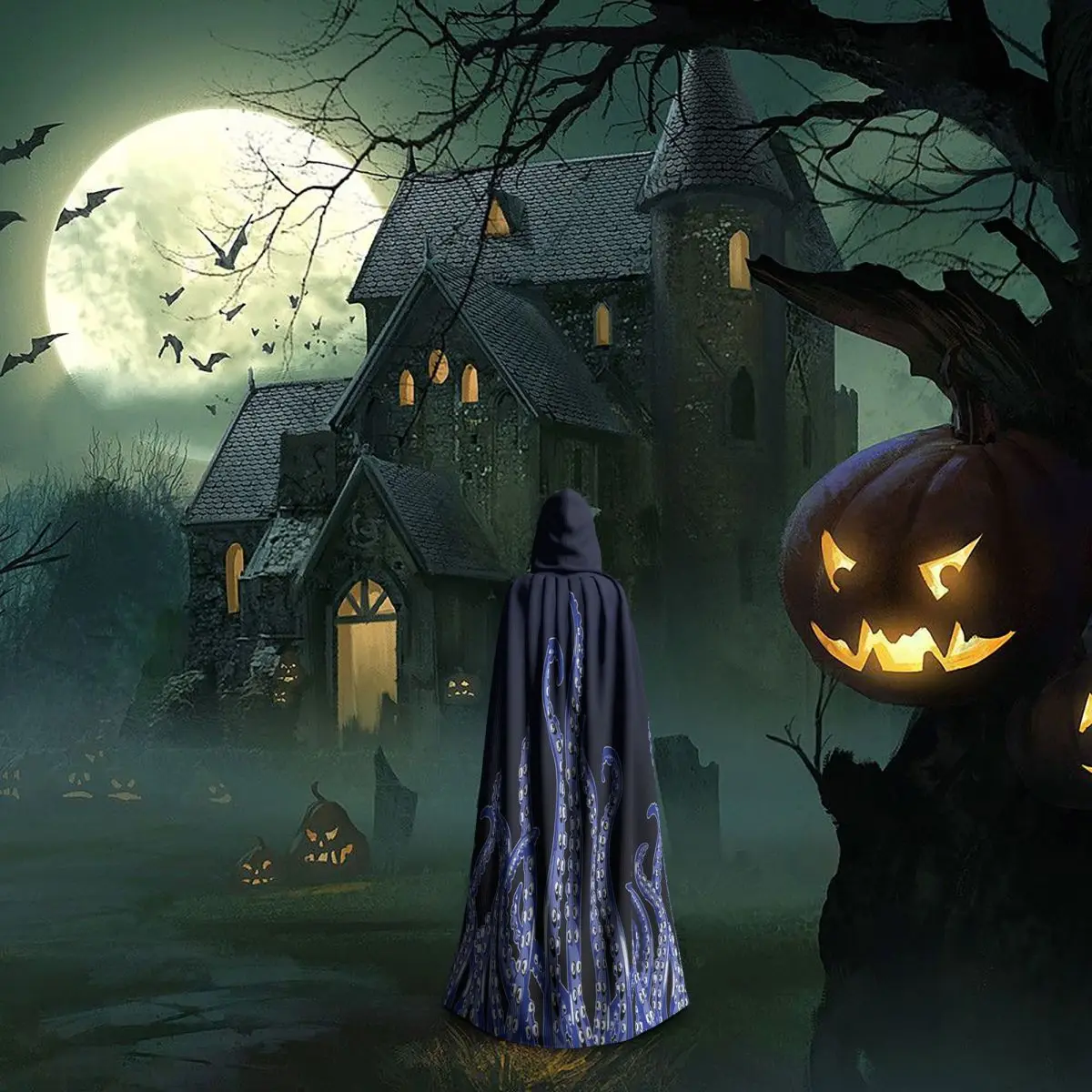 الأخطبوط مخالب الإطار الأزرق الداكن طويل مقنعين عباءة الساحرة القرون الوسطى زي تأثيري كيب هالوين مصاص دماء الكبار للجنسين